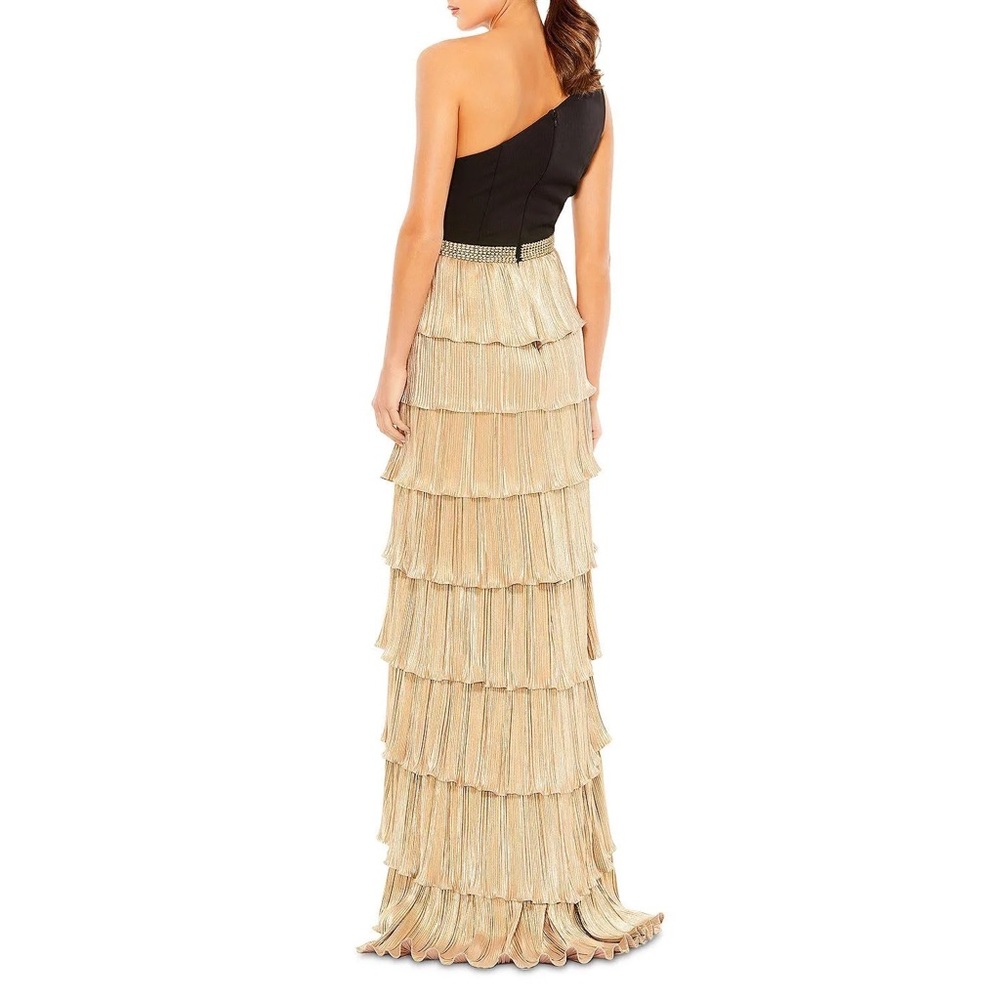 Mac Duggal Ieena One Shoulder Tiered Pleated Gown Black Gold Size 0 NWT - Picture 13 of 14